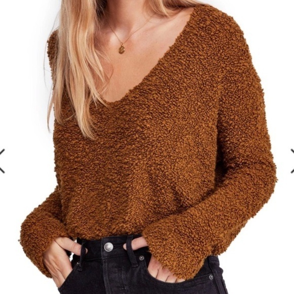 Free‎ People Found My Friend V-Neck Popcorn Boucle Sweater Rust Brown Small